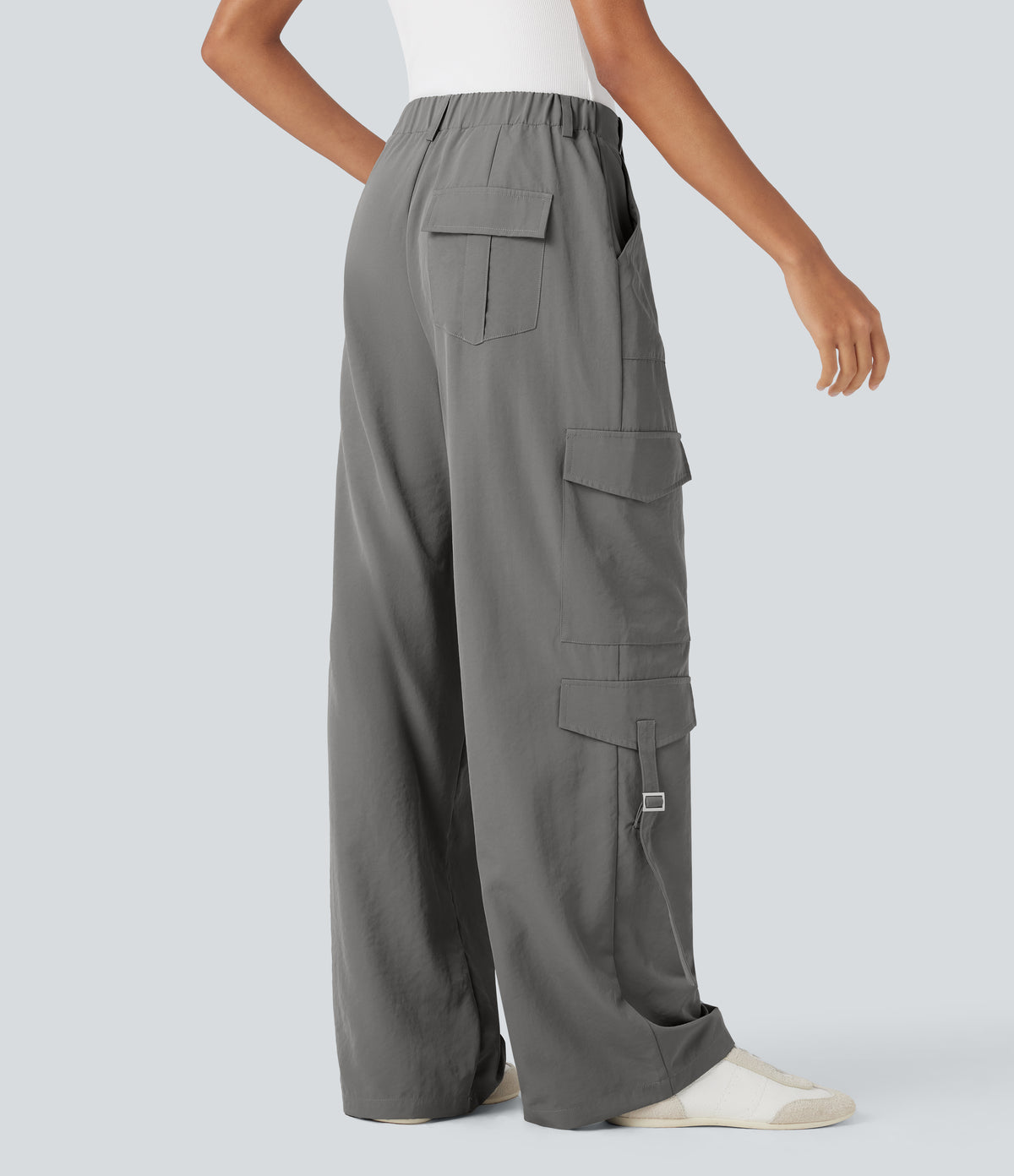 High Waisted Travel Cargo Trousers with Multiple Pockets — Brushed Nickel — view 2
