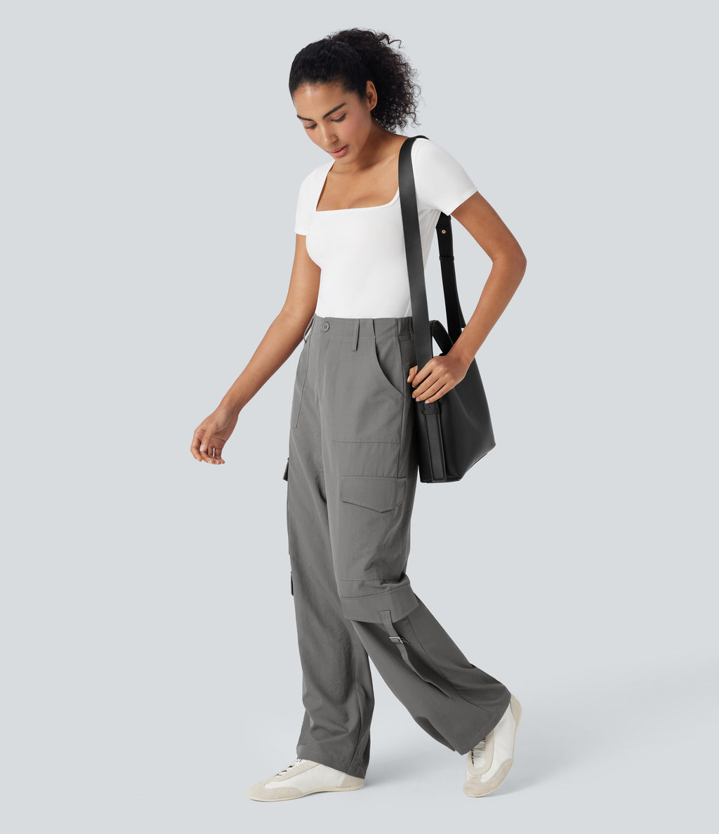 High Waisted Travel Cargo Trousers with Multiple Pockets — Brushed Nickel — view 7