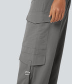 High Waisted Travel Cargo Trousers with Multiple Pockets — Brushed Nickel — view 6
