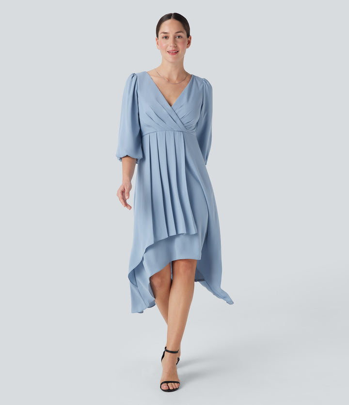 V Neck 3/4 Sleeve Pleated High Low Midi Casual Dress — Skyride — view 1