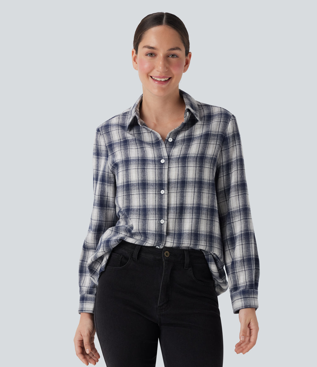 Collared Long Sleeve Button Plaid Casual Shirt — Blue Grey Plaid — view 1