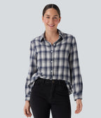Collared Long Sleeve Button Plaid Casual Shirt — Blue Grey Plaid — view 1