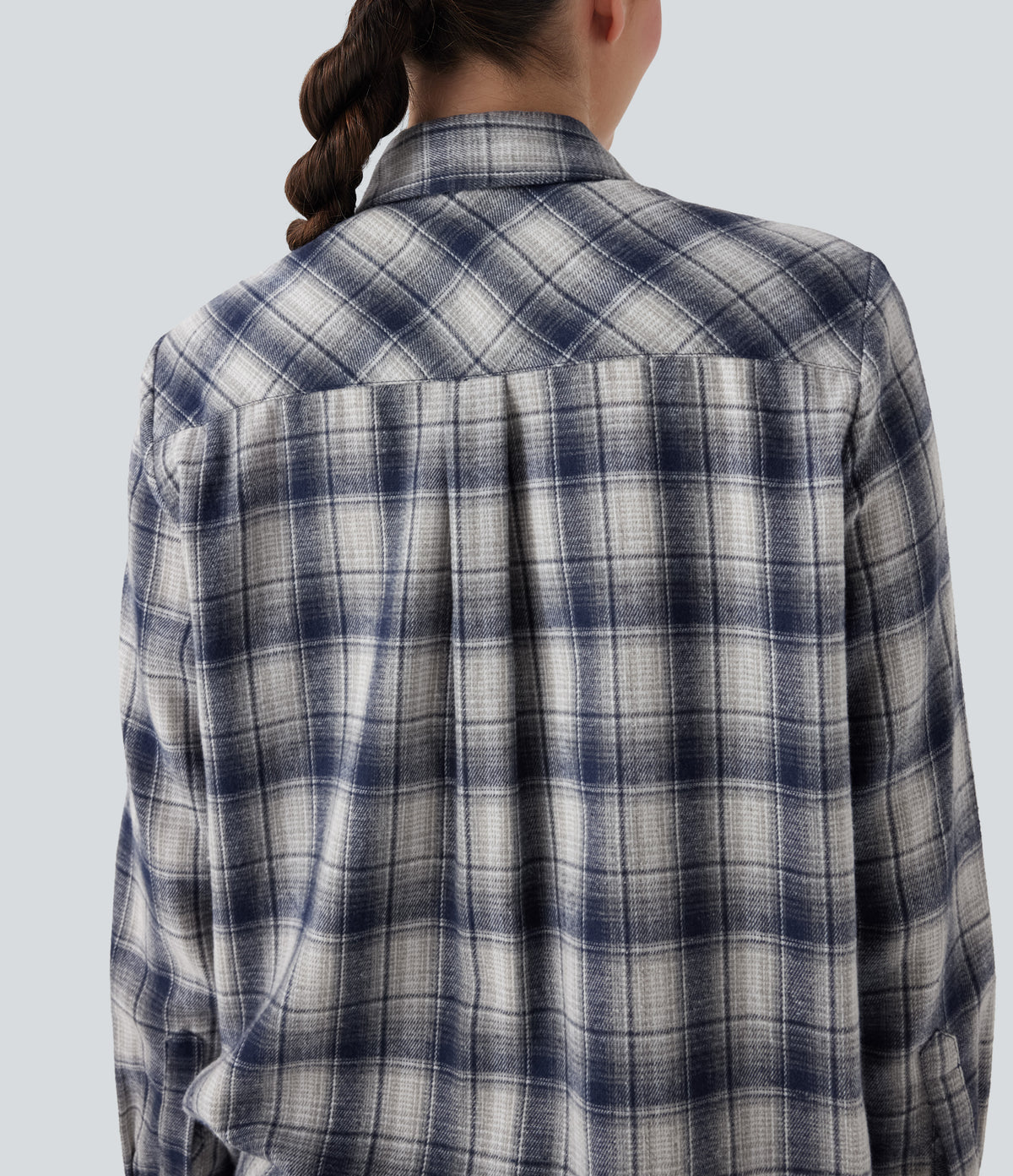 Collared Long Sleeve Button Plaid Casual Shirt — Blue Grey Plaid — view 5