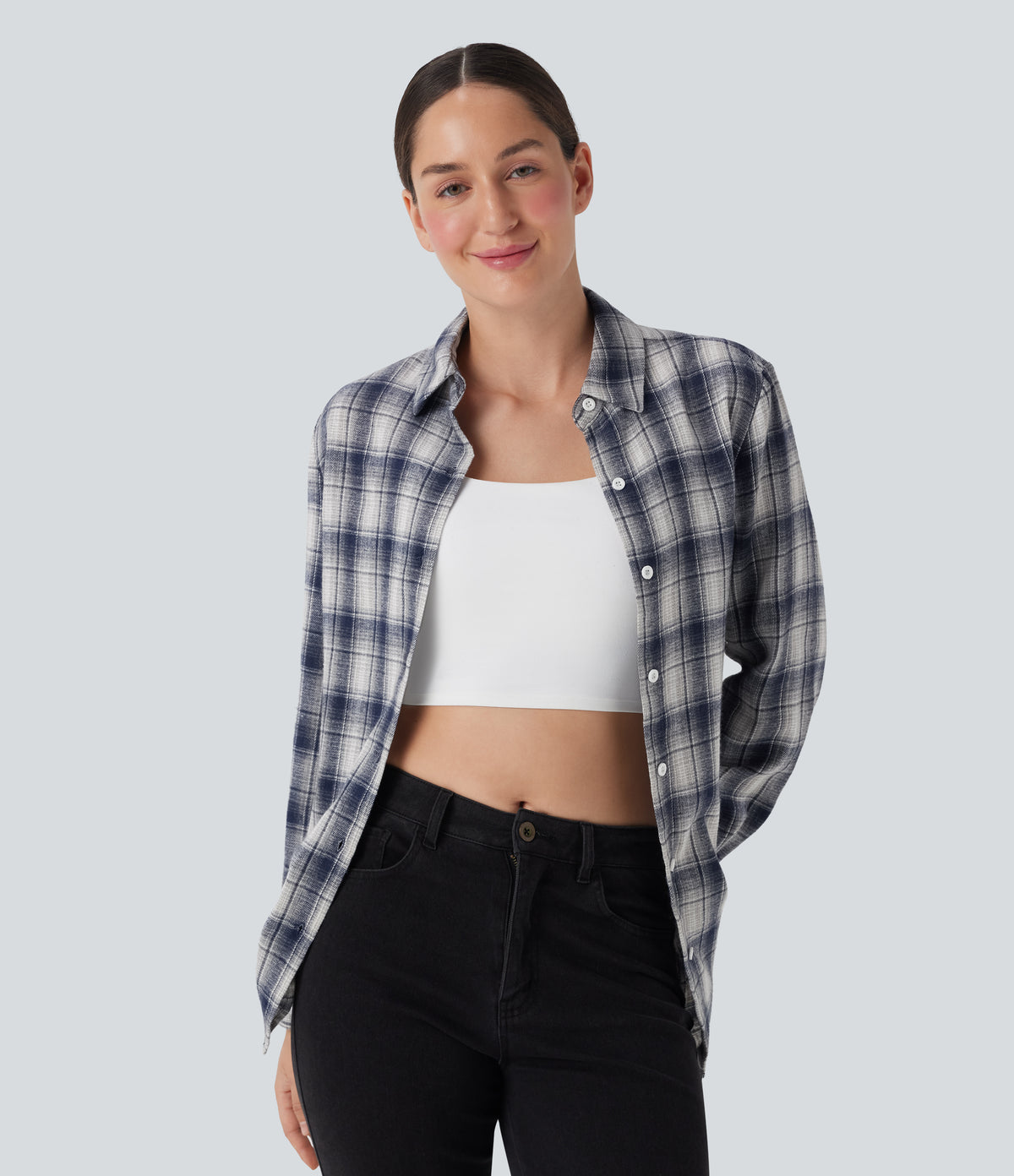 Collared Long Sleeve Button Plaid Casual Shirt — Blue Grey Plaid — view 7