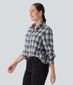 Collared Long Sleeve Button Plaid Casual Shirt — Blue Grey Plaid — view 3