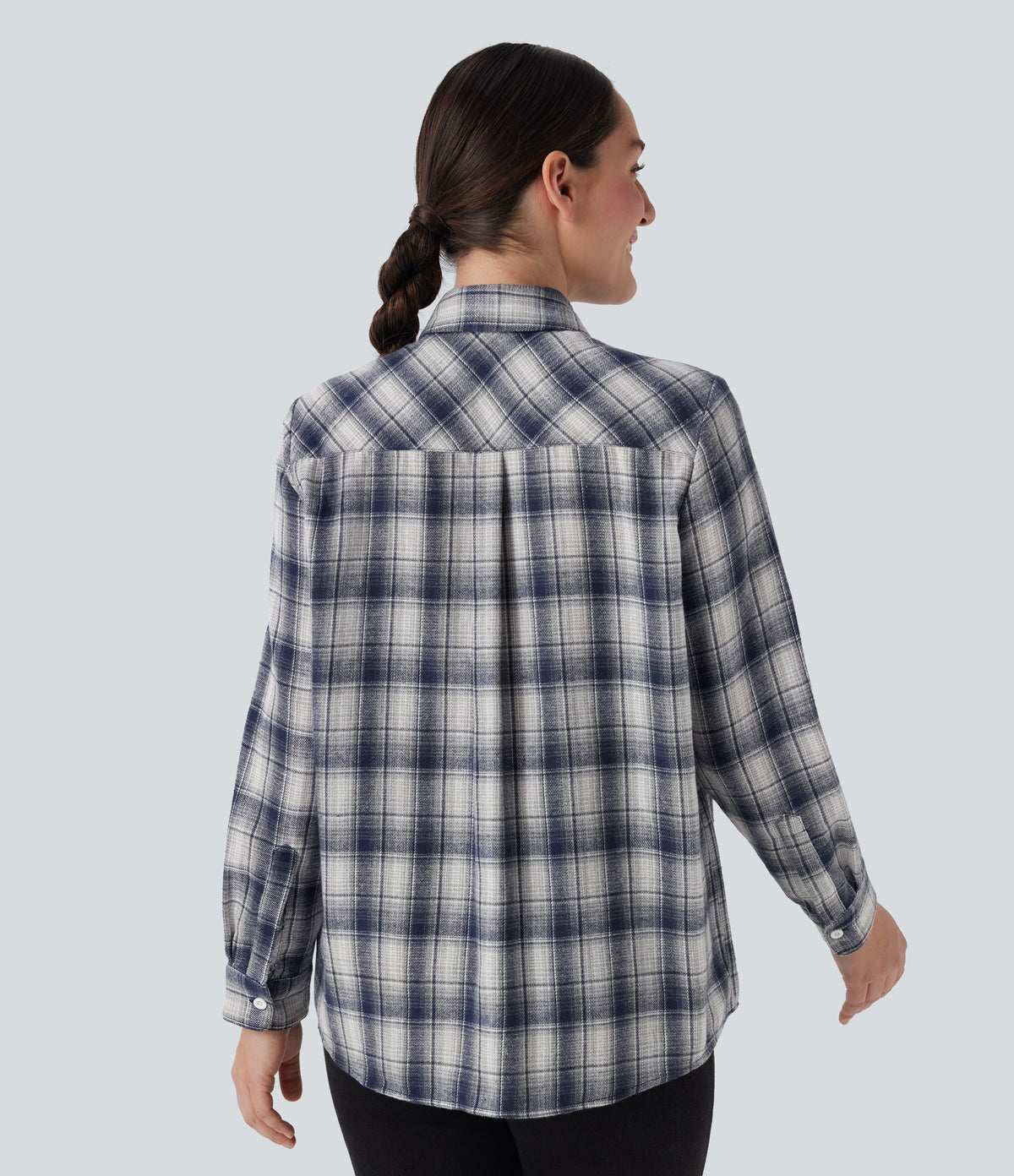 Collared Long Sleeve Button Plaid Casual Shirt — Blue Grey Plaid — view 2