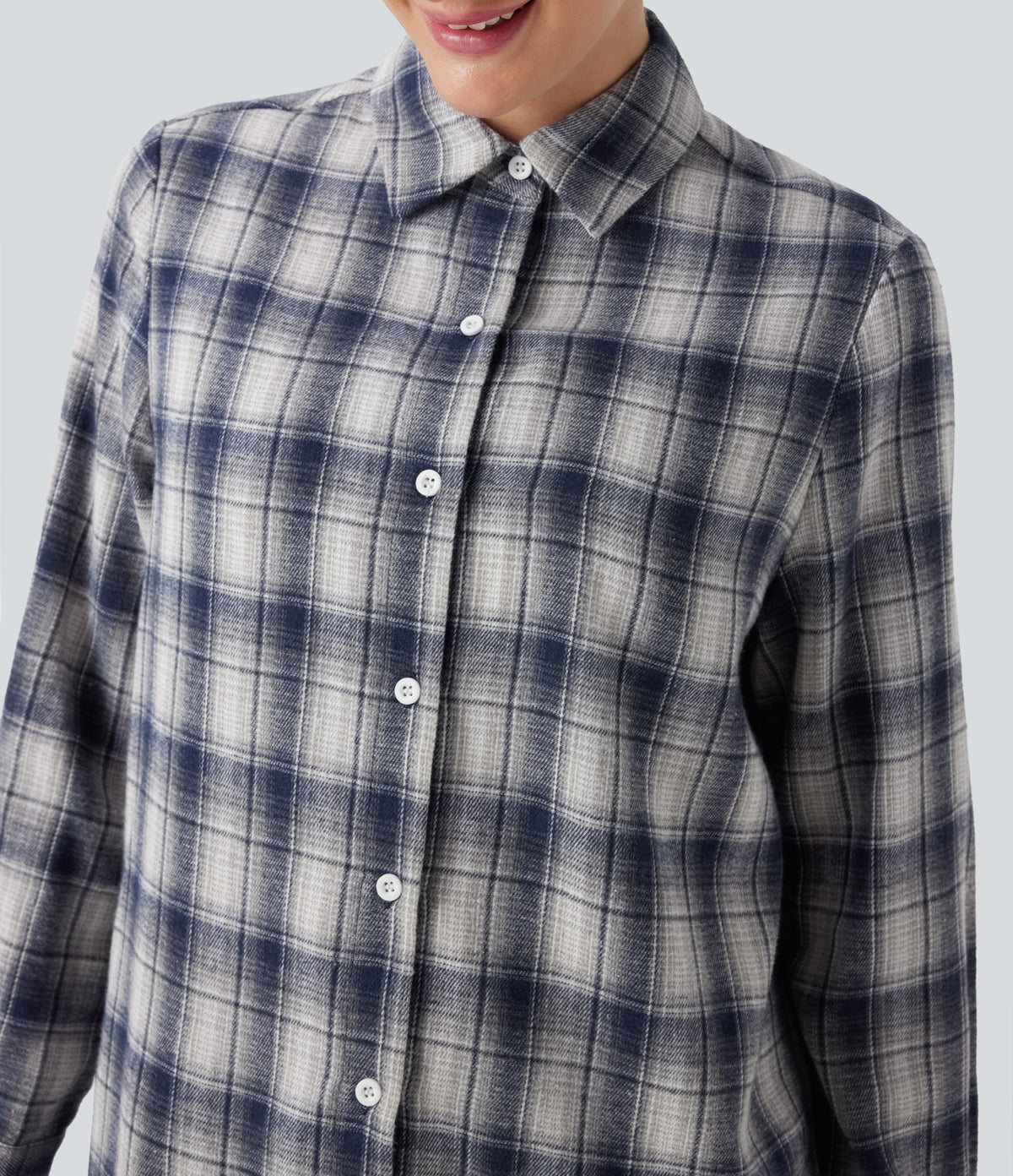 Collared Long Sleeve Button Plaid Casual Shirt — Blue Grey Plaid — view 4
