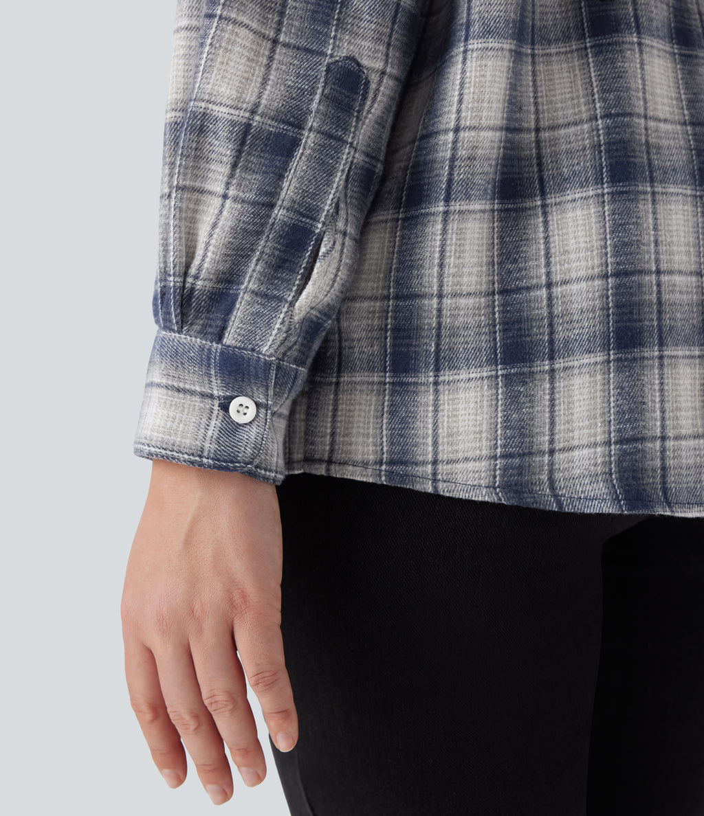 Collared Long Sleeve Button Plaid Casual Shirt — Blue Grey Plaid — view 6