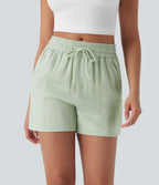 Mid Rise Drawstring Linen-Feel Work Shorts with Side Zip Pockets — Pale Aqua — view 1