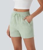 Mid Rise Drawstring Linen-Feel Work Shorts with Side Zip Pockets — Pale Aqua — view 3