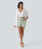 Mid Rise Drawstring Linen-Feel Work Shorts with Side Zip Pockets — Pale Aqua — view 7