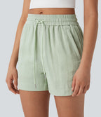 Mid Rise Drawstring Linen-Feel Work Shorts with Side Zip Pockets — Pale Aqua — view 6