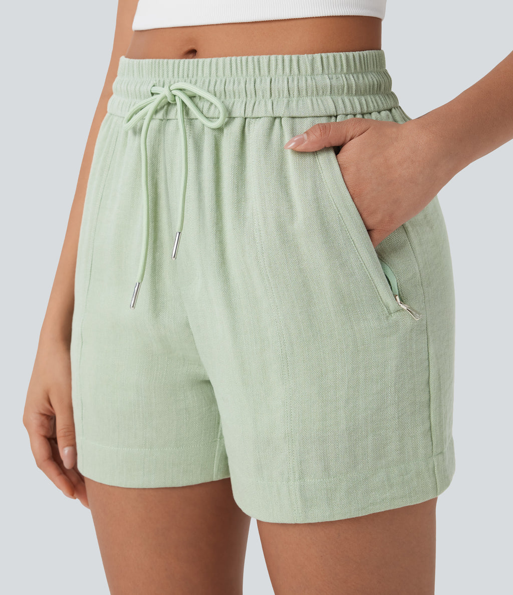 Mid Rise Drawstring Linen-Feel Work Shorts with Side Zip Pockets — Pale Aqua — view 5
