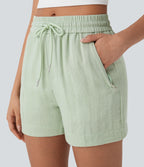 Mid Rise Drawstring Linen-Feel Work Shorts with Side Zip Pockets — Pale Aqua — view 5