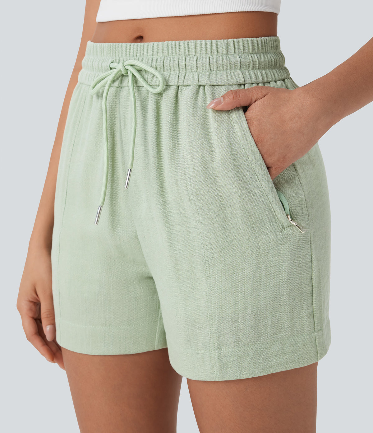 Mid Rise Drawstring Linen-Feel Work Shorts with Side Zip Pockets — Pale Aqua — view 5