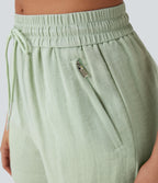 Mid Rise Drawstring Linen-Feel Work Shorts with Side Zip Pockets — Pale Aqua — view 4