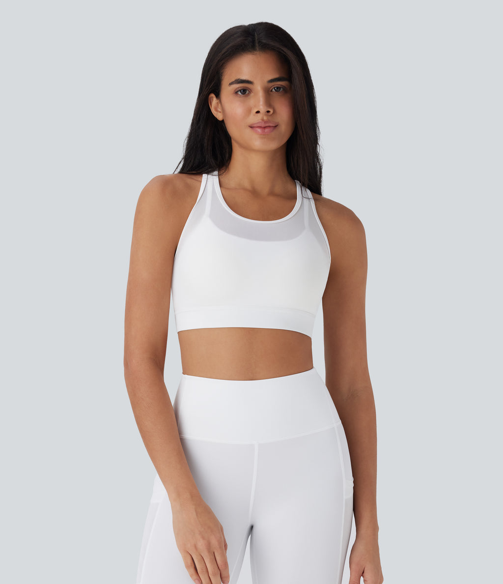 SpeedWave Medium Support Racerback Contrast Mesh Quick Dry Training Sports Bra A-D Cups — White — view 2