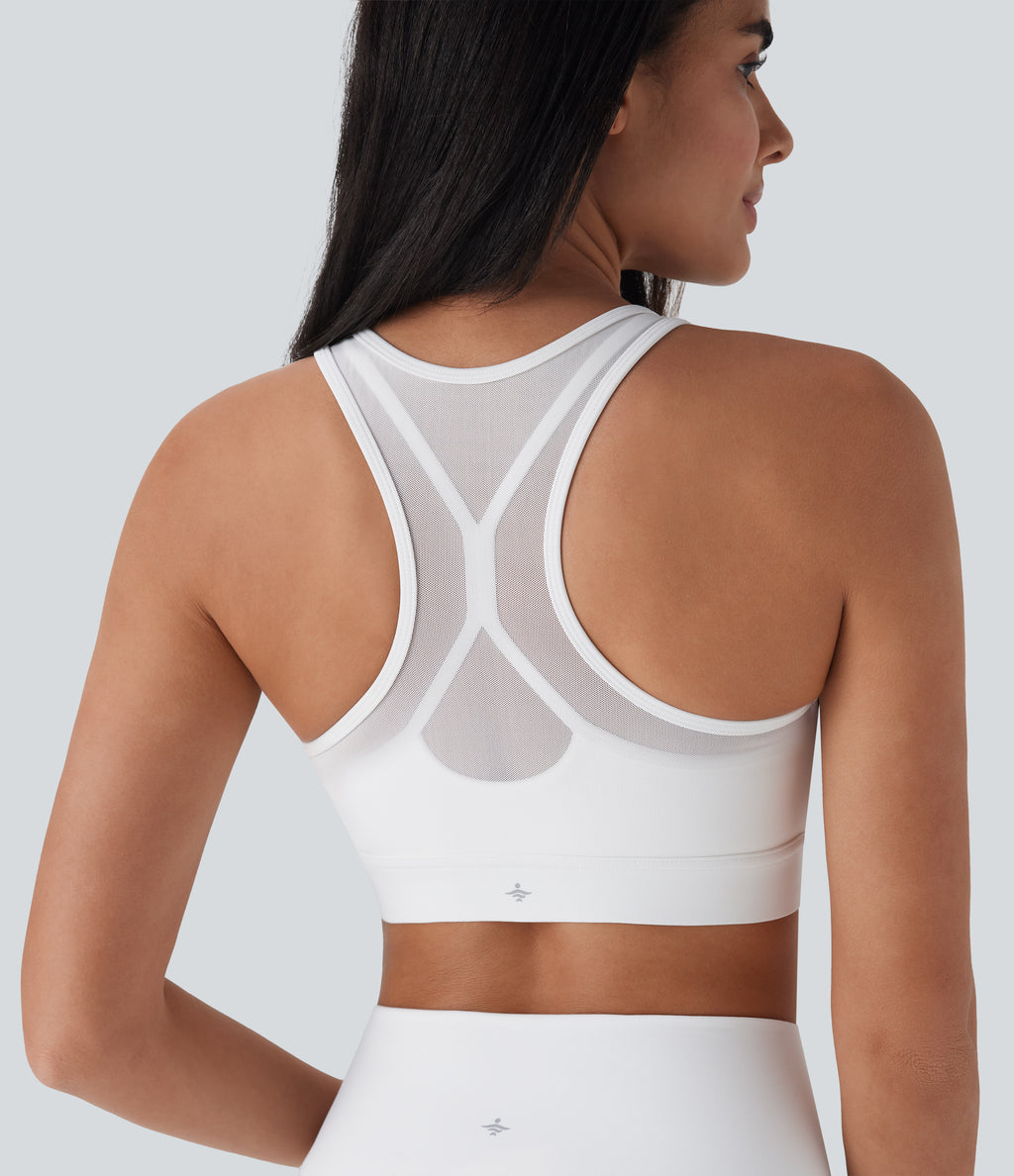 SpeedWave Medium Support Racerback Contrast Mesh Quick Dry Training Sports Bra A-D Cups — White — view 4