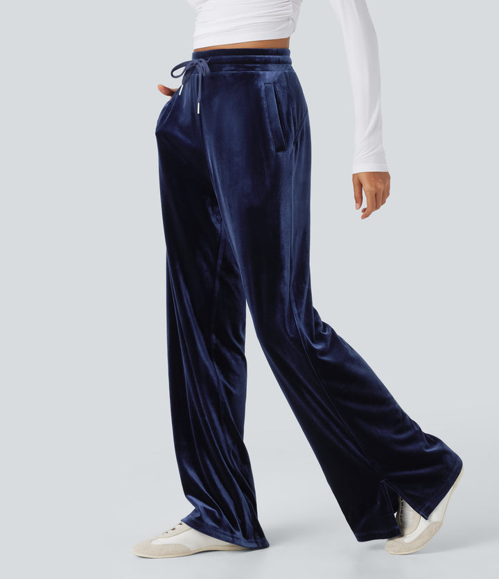 High Waisted Drawstring Wide Leg Velvet Casual Trousers with Pockets — Deep Twilight — view 1