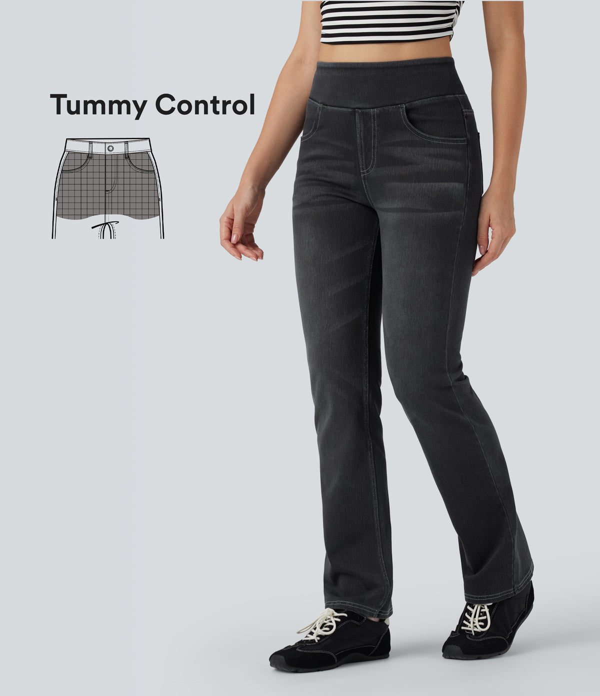 High Waisted Tummy Control Washed Casual Bootcut Jeans with Pockets — Phantom Denim — view 1