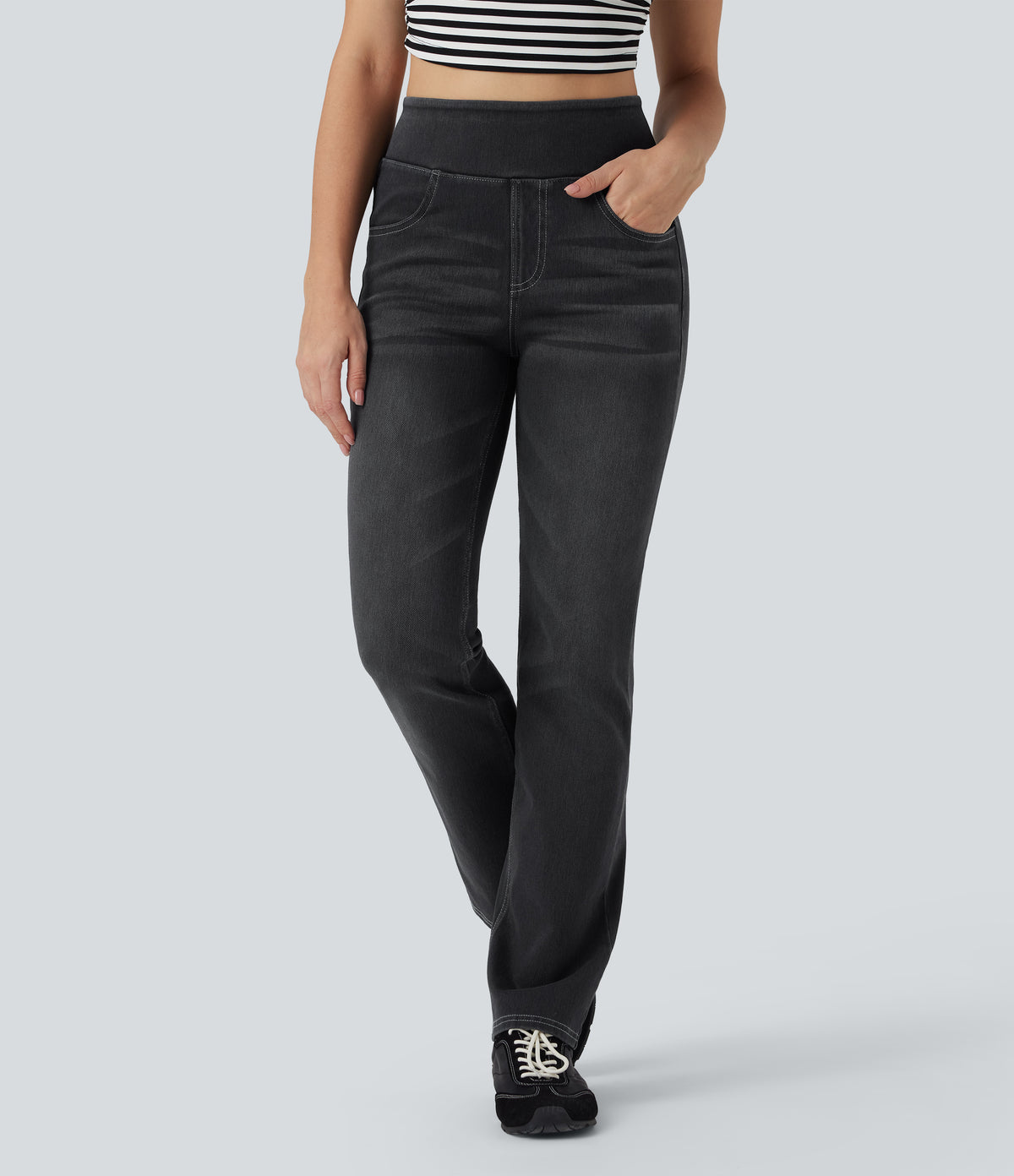 High Waisted Tummy Control Washed Casual Bootcut Jeans with Pockets — Phantom Denim — view 2