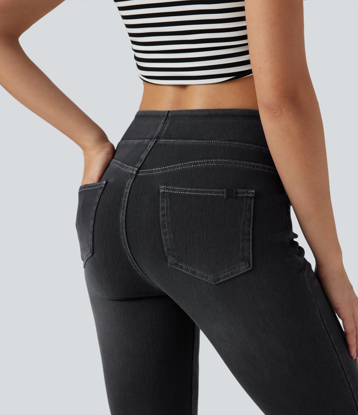 High Waisted Tummy Control Washed Casual Bootcut Jeans with Pockets — Phantom Denim — view 6