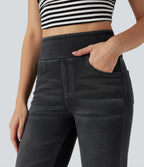 High Waisted Tummy Control Washed Casual Bootcut Jeans with Pockets — Phantom Denim — view 5