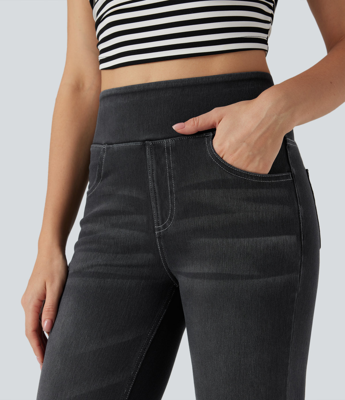 High Waisted Tummy Control Washed Casual Bootcut Jeans with Pockets — Phantom Denim — view 5