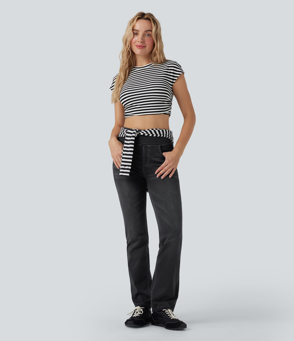High Waisted Tummy Control Washed Casual Bootcut Jeans with Pockets — Phantom Denim — view 7