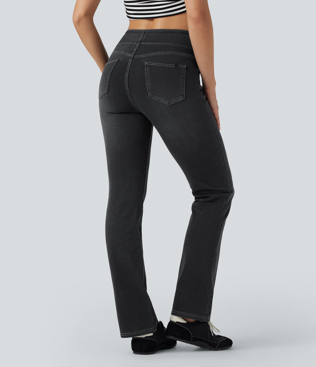 High Waisted Tummy Control Washed Casual Bootcut Jeans with Pockets — Phantom Denim — view 3