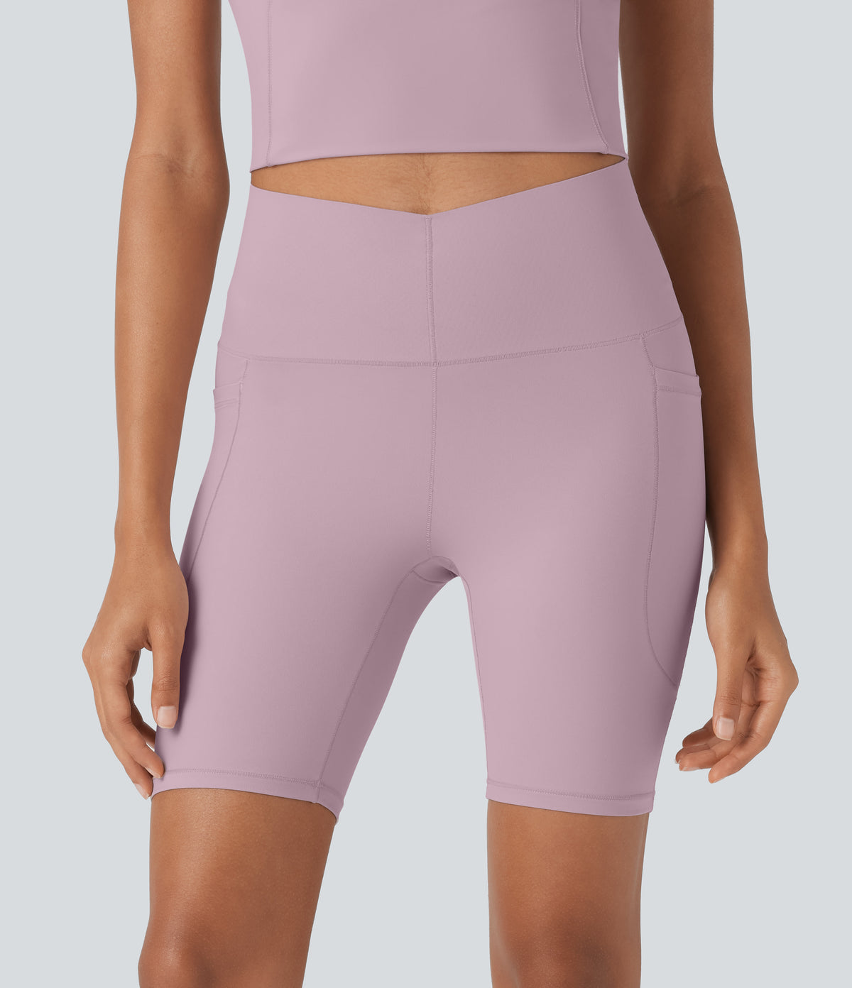 Cool Quick Dry High Waisted Tummy Control Training Biker Shorts 7'' with Pockets-UPF50+ — Dawn Pink — view 3