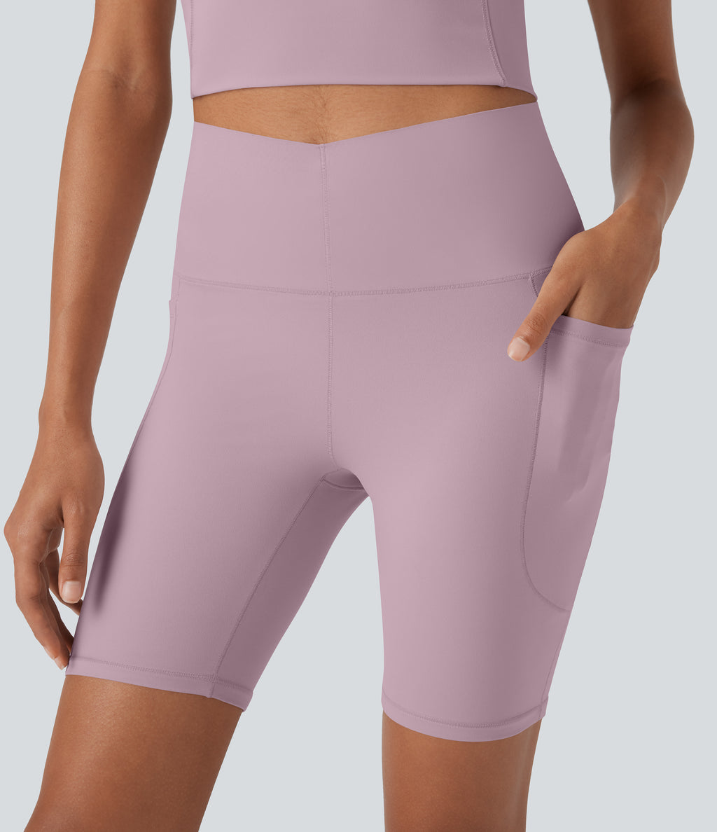 Cool Quick Dry High Waisted Tummy Control Training Biker Shorts 7'' with Pockets-UPF50+ — Dawn Pink — view 6