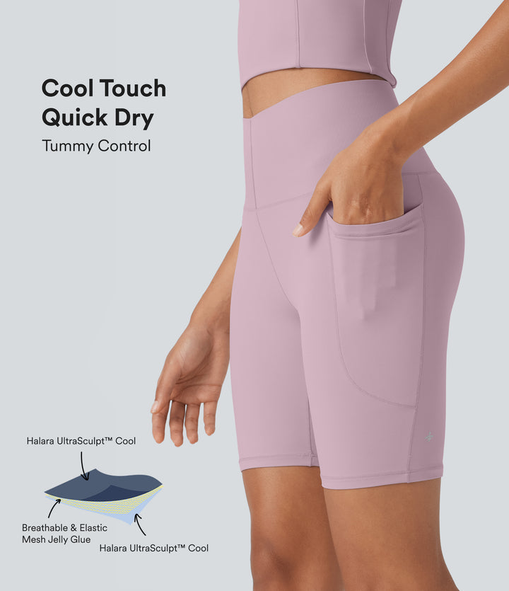 Cool Quick Dry High Waisted Tummy Control Training Biker Shorts 7'' with Pockets-UPF50+ — Dawn Pink — view 1
