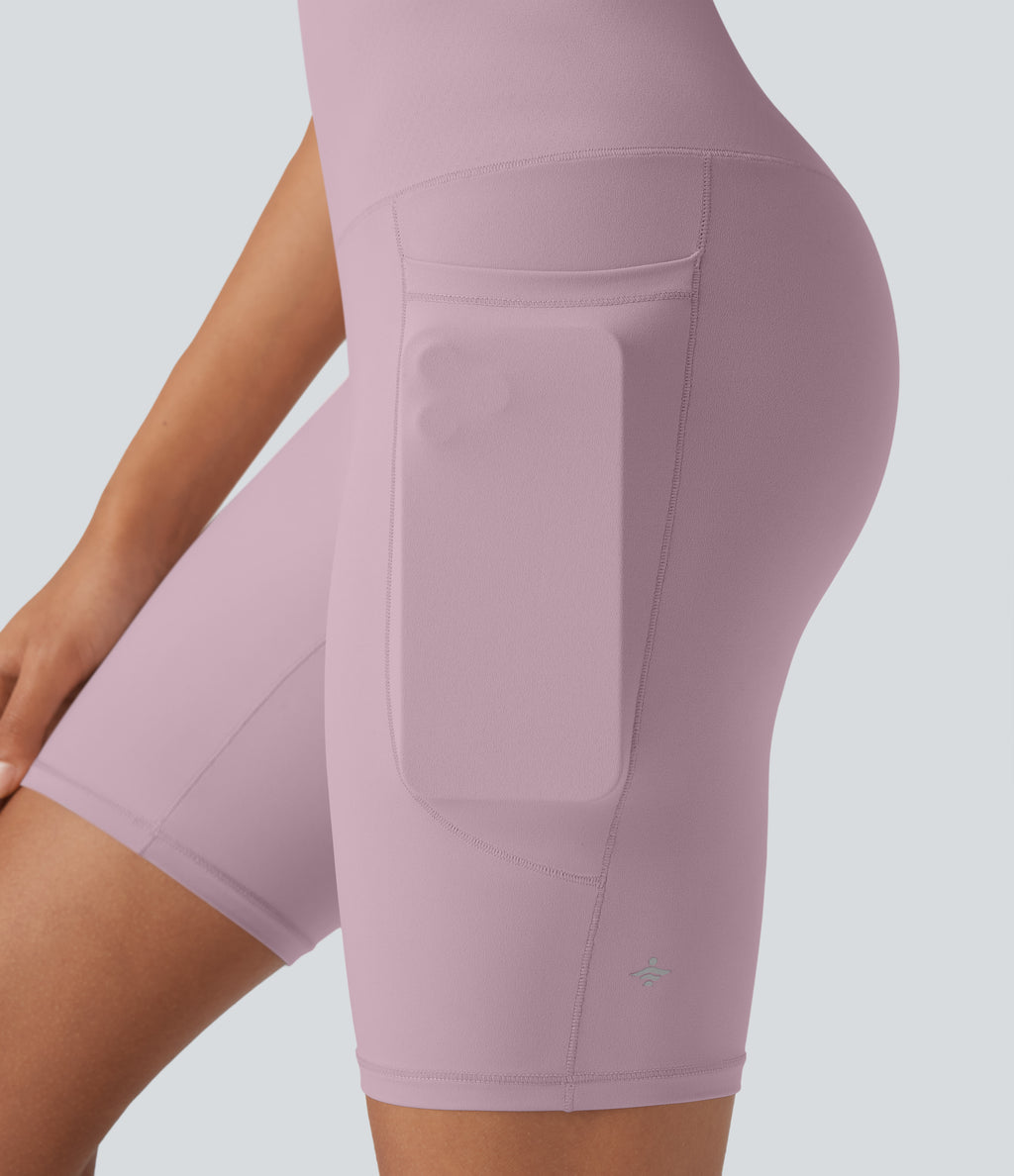 Cool Quick Dry High Waisted Tummy Control Training Biker Shorts 7'' with Pockets-UPF50+ — Dawn Pink — view 5