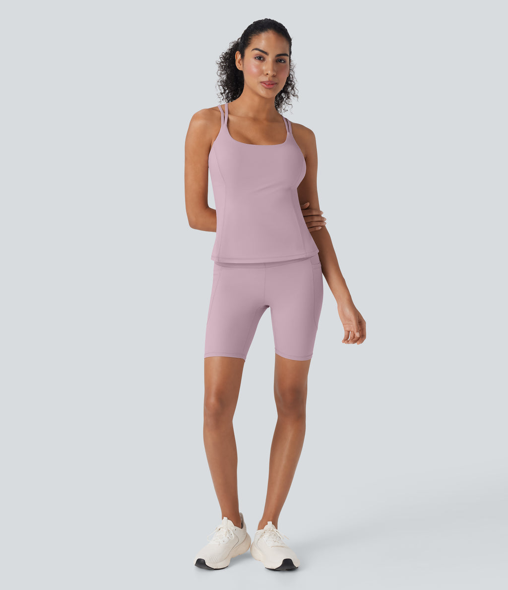 Cool Quick Dry High Waisted Tummy Control Training Biker Shorts 7'' with Pockets-UPF50+ — Dawn Pink — view 7