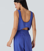 Sleeveless Backless Cut Out Drawstring Yoga Jumpsuit with Pockets — Mottled Glass Blue — view 4