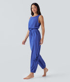 Sleeveless Backless Cut Out Drawstring Yoga Jumpsuit with Pockets — Mottled Glass Blue — view 3