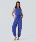 Sleeveless Backless Cut Out Drawstring Yoga Jumpsuit with Pockets — Mottled Glass Blue — view 2