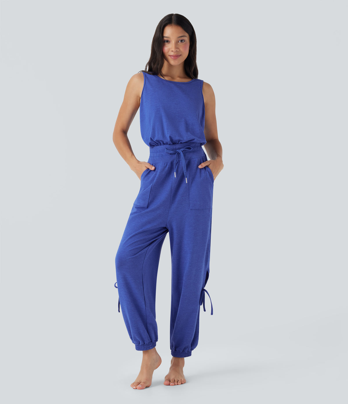 Sleeveless Backless Cut Out Drawstring Yoga Jumpsuit with Pockets — Mottled Glass Blue — view 2