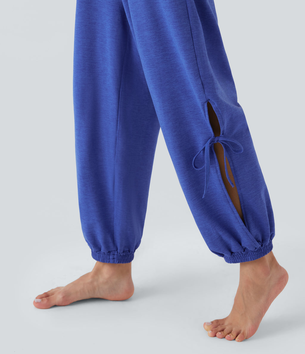 Sleeveless Backless Cut Out Drawstring Yoga Jumpsuit with Pockets — Mottled Glass Blue — view 6