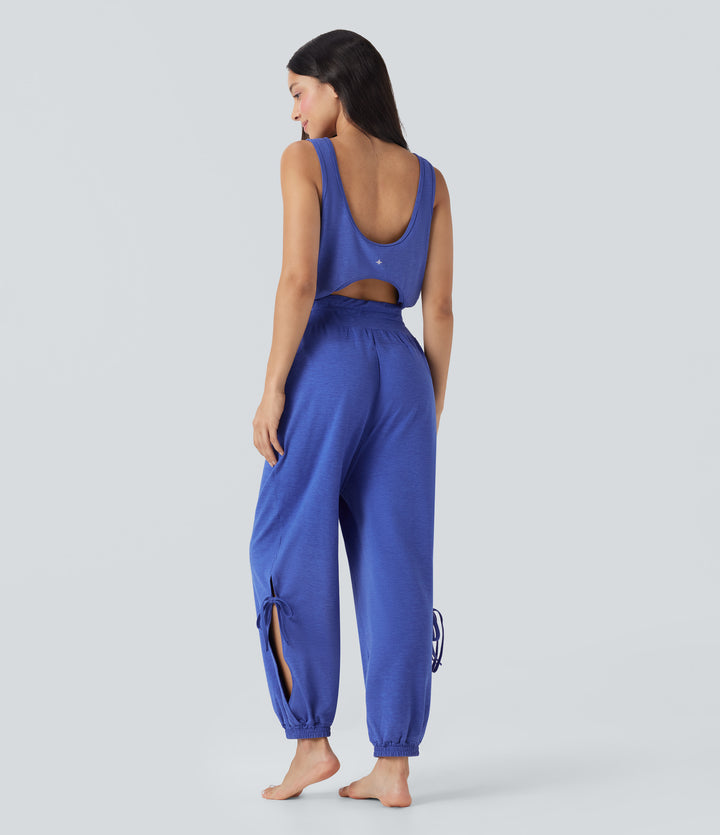 Sleeveless Backless Cut Out Drawstring Yoga Jumpsuit with Pockets — Mottled Glass Blue — view 1