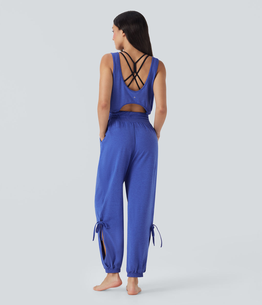 Sleeveless Backless Cut Out Drawstring Yoga Jumpsuit with Pockets — Mottled Glass Blue — view 7