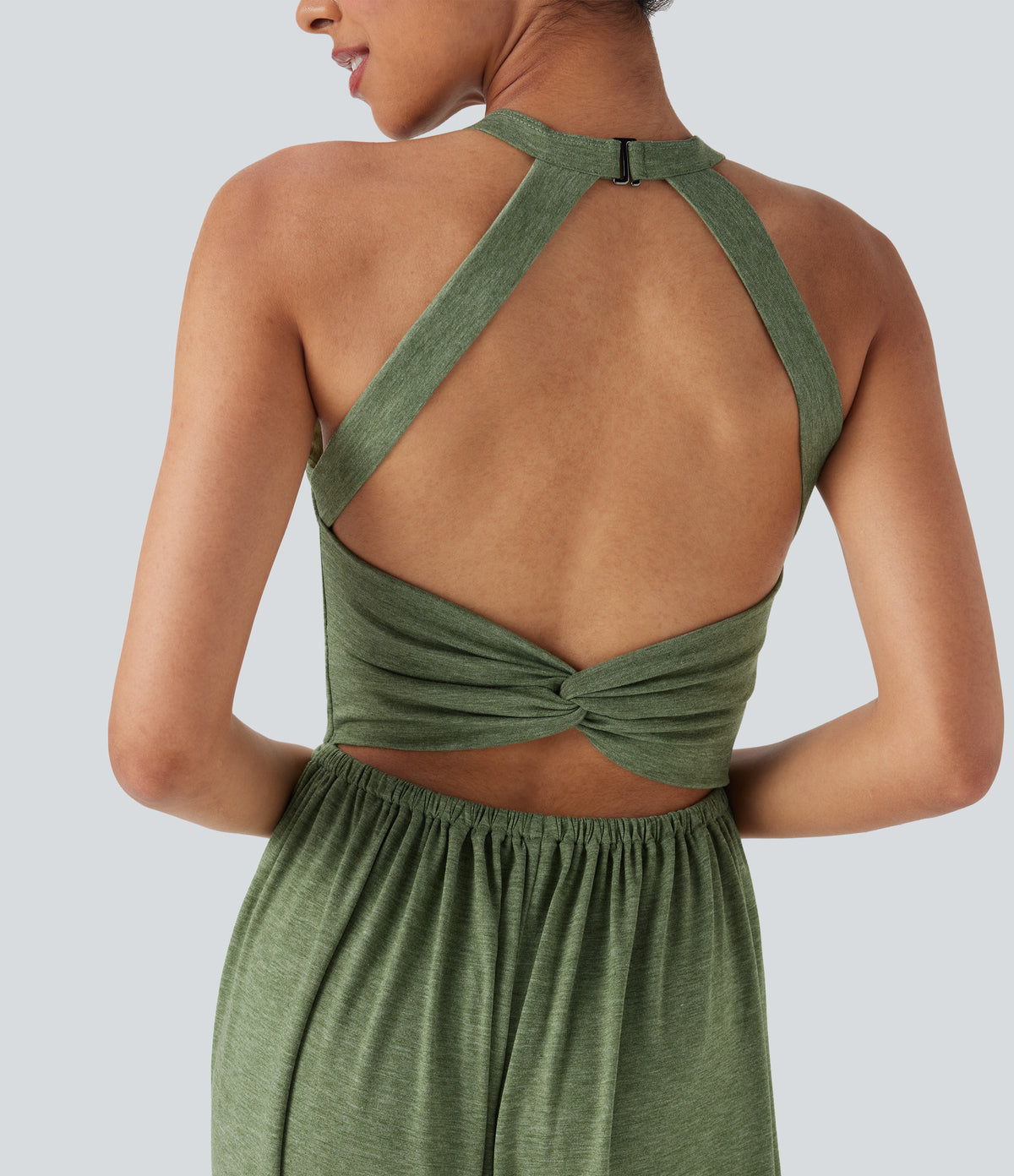 U Neck Harem Casual Jumpsuit with Pockets-Edition DD-F Cups — Light Green Floral Yarn — view 5