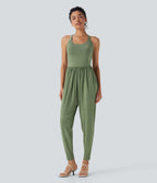 U Neck Harem Casual Jumpsuit with Pockets-Edition DD-F Cups — Light Green Floral Yarn — view 2