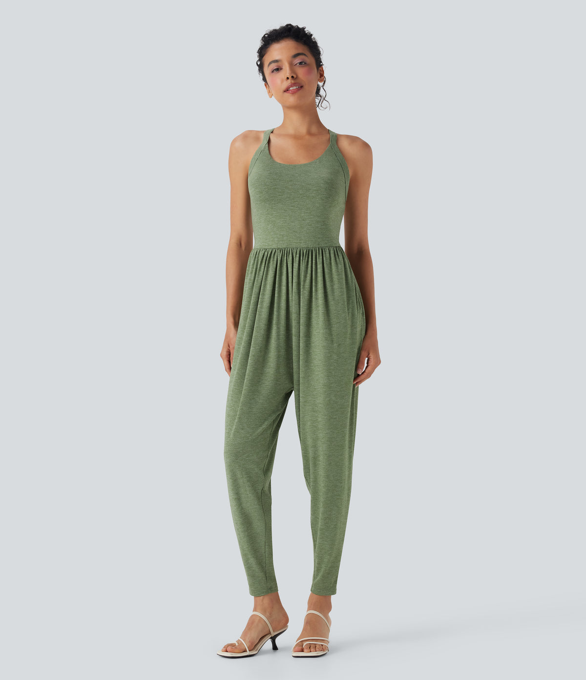U Neck Harem Casual Jumpsuit with Pockets-Edition DD-F Cups — Light Green Floral Yarn — view 2