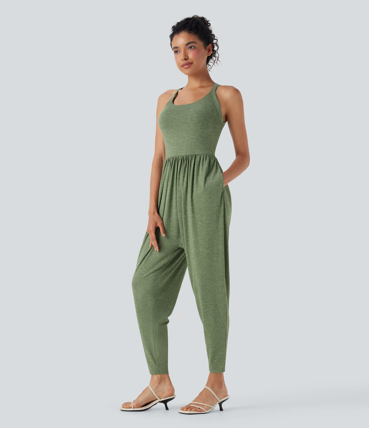 U Neck Harem Casual Jumpsuit with Pockets-Edition DD-F Cups — Light Green Floral Yarn — view 3