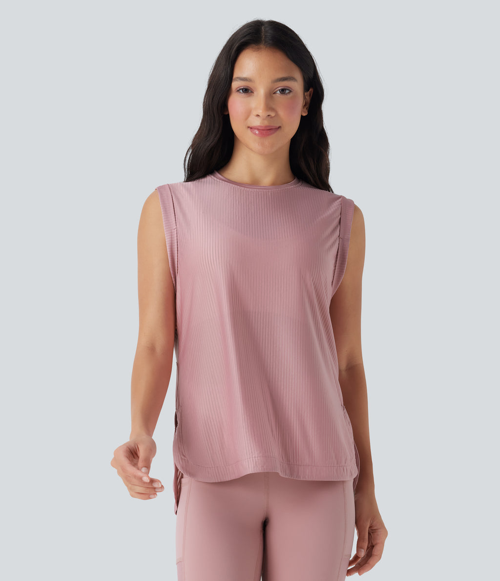 Round Neck Curved Hem Quick Dry Yoga Tank Vest Top — Soft Berry — view 1