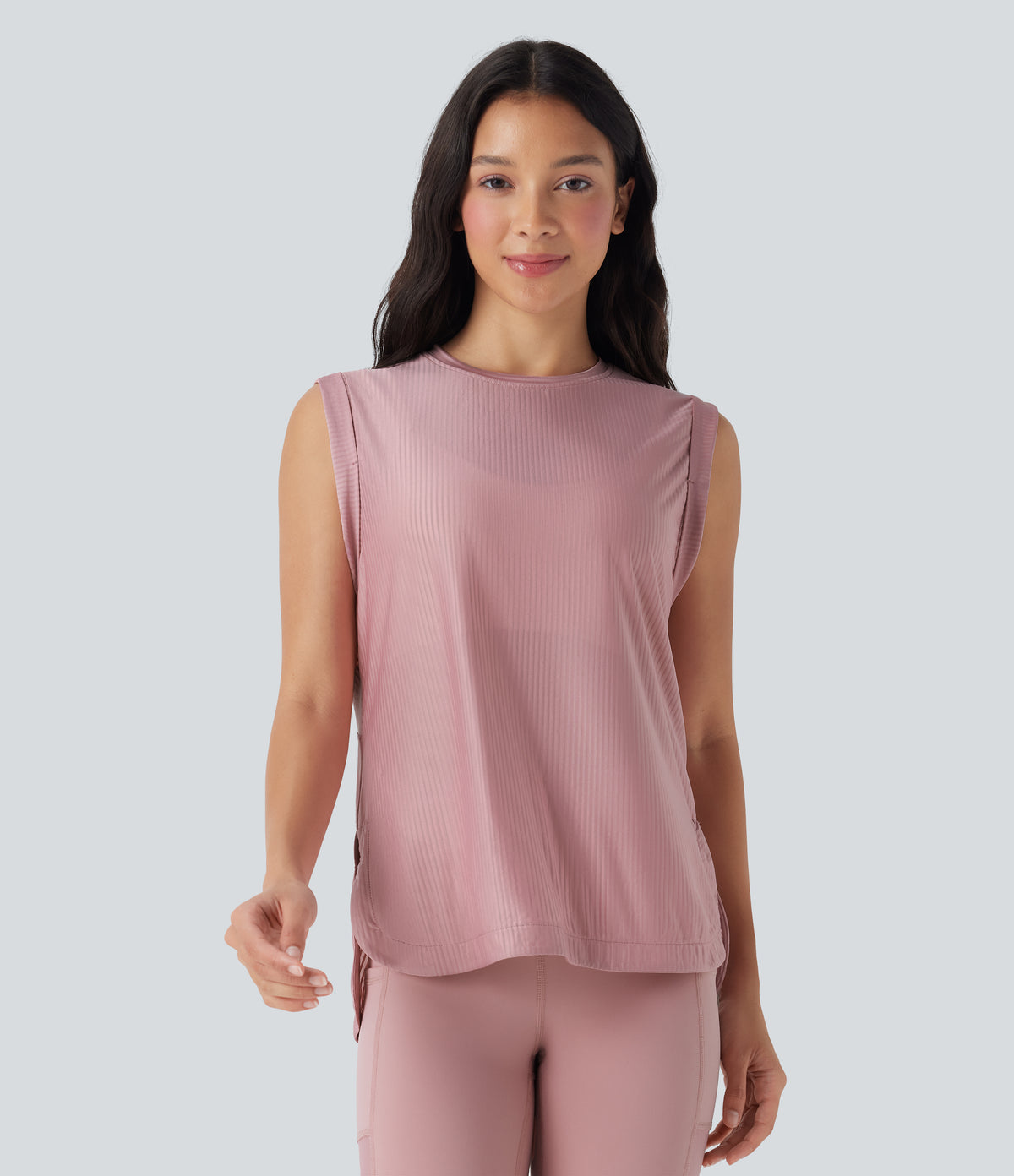 Round Neck Curved Hem Quick Dry Yoga Tank Vest Top — Soft Berry — view 1