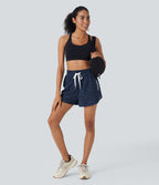 High Waisted Drawstring Curved Hem Leopard Print 2-in-1 Workout Shorts with Pockets — Midnight Leopard — view 7