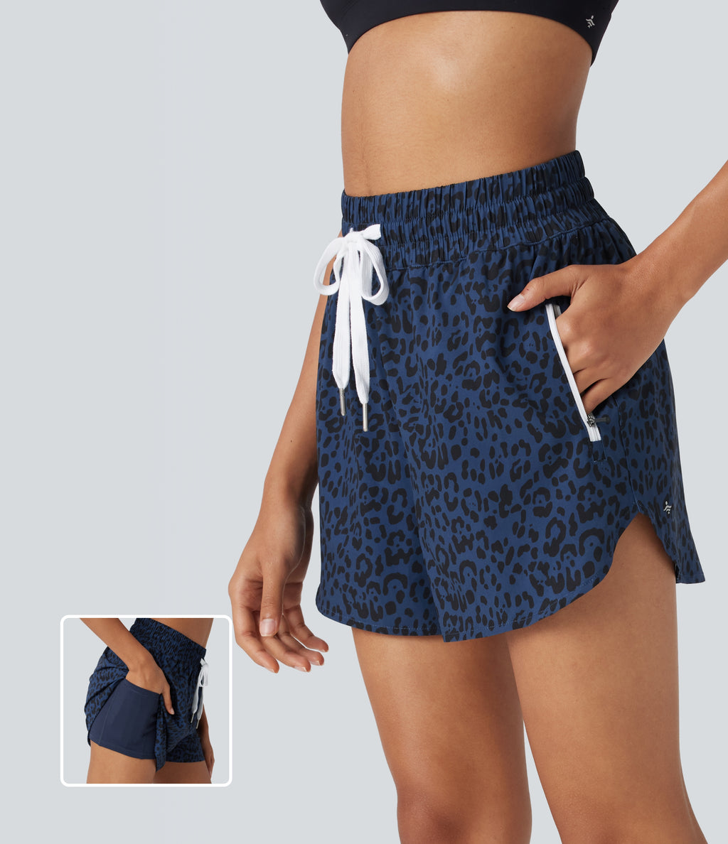 High Waisted Drawstring Curved Hem Leopard Print 2-in-1 Workout Shorts with Pockets — Midnight Leopard — view 1